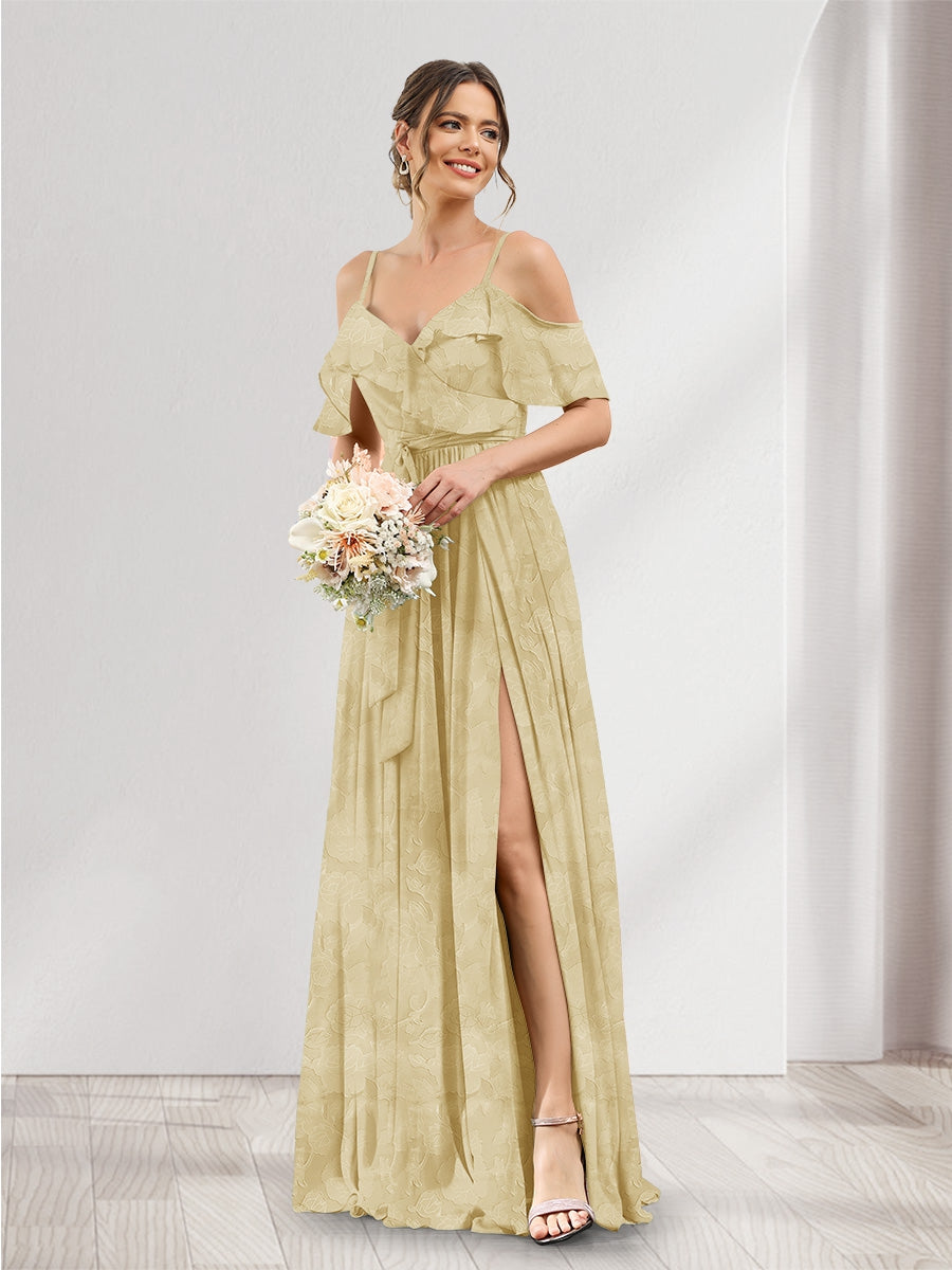 A-Line V-Neck Spaghetti Straps Floral Bridesmaid Dresses with Pockets Champagne