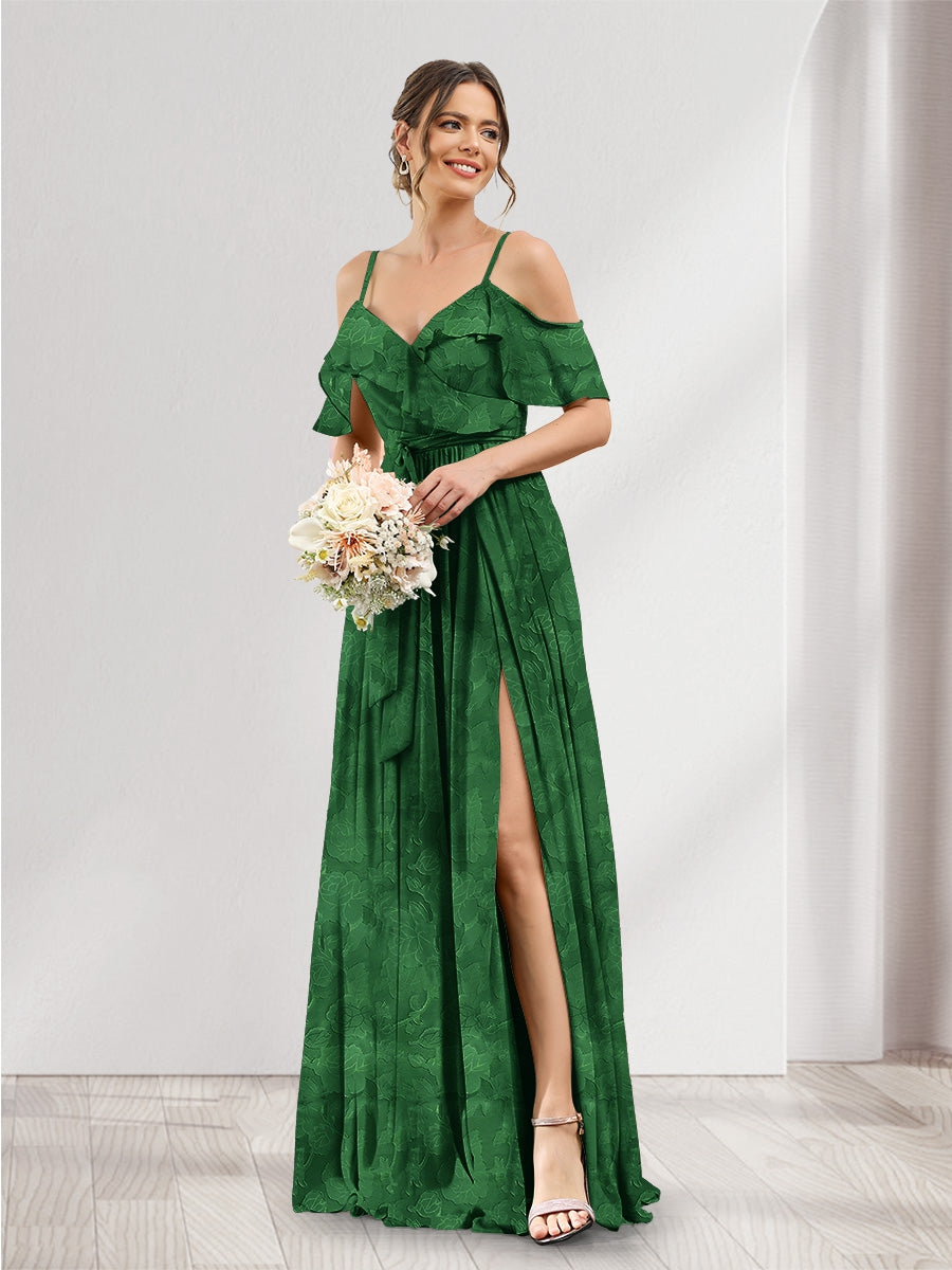 A-Line V-Neck Spaghetti Straps Floral Bridesmaid Dresses with Pockets Dark Green