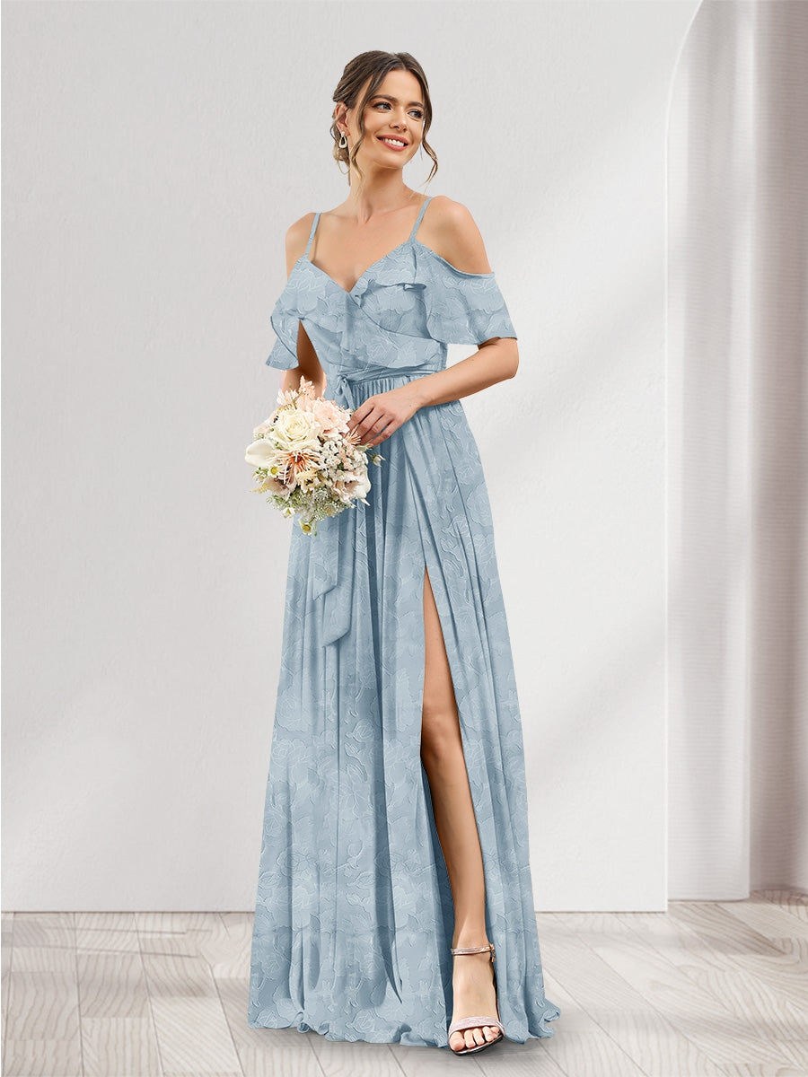 A-Line V-Neck Spaghetti Straps Floral Bridesmaid Dresses with Pockets Dusty Blue