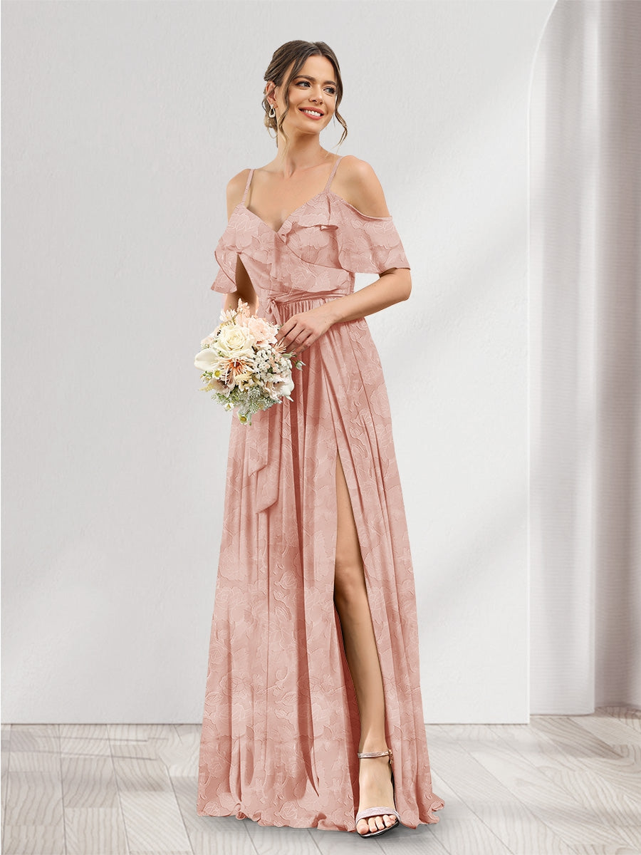 A-Line V-Neck Spaghetti Straps Floral Bridesmaid Dresses with Pockets Dusty Rose