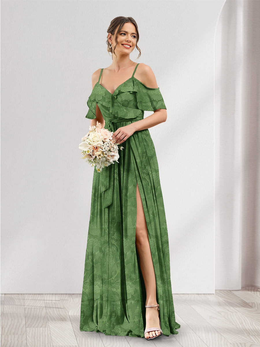 A-Line V-Neck Spaghetti Straps Floral Bridesmaid Dresses with Pockets Eucalyptus
