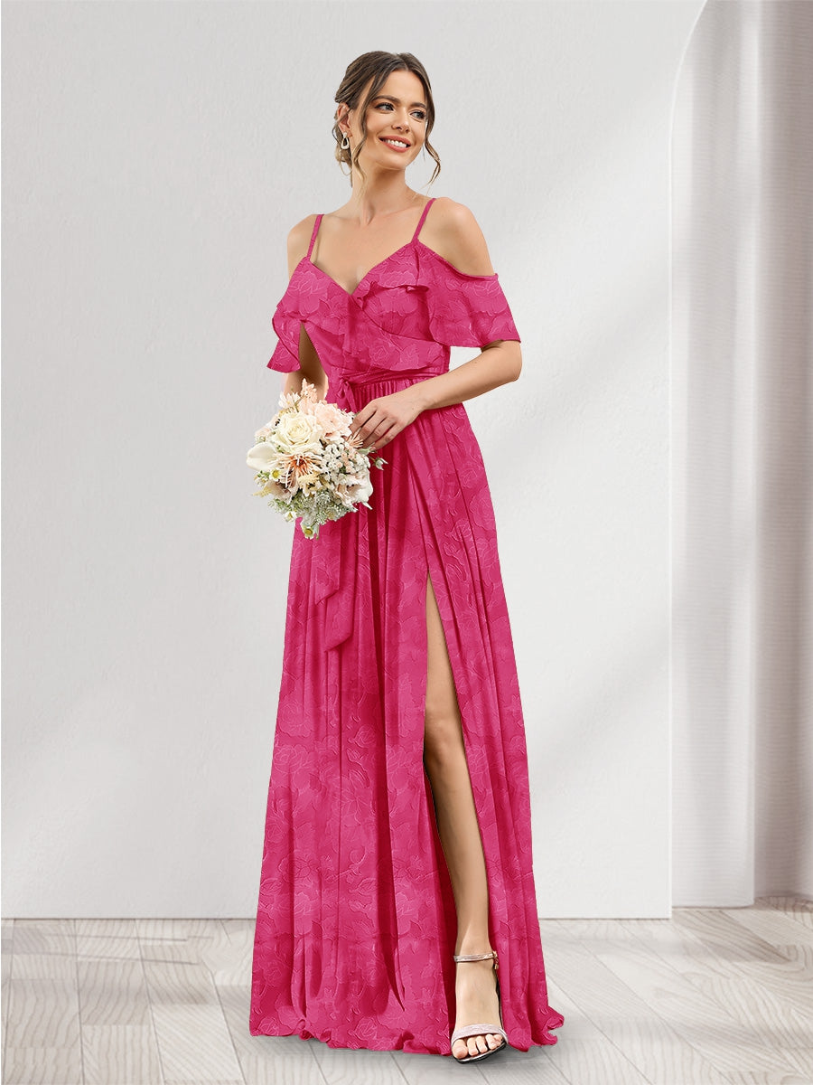 A-Line V-Neck Spaghetti Straps Floral Bridesmaid Dresses with Pockets Fuchsia Pink