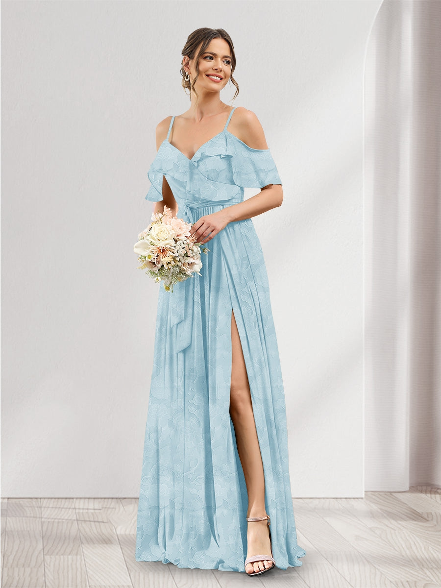 A-Line V-Neck Spaghetti Straps Floral Bridesmaid Dresses with Pockets Light Blue