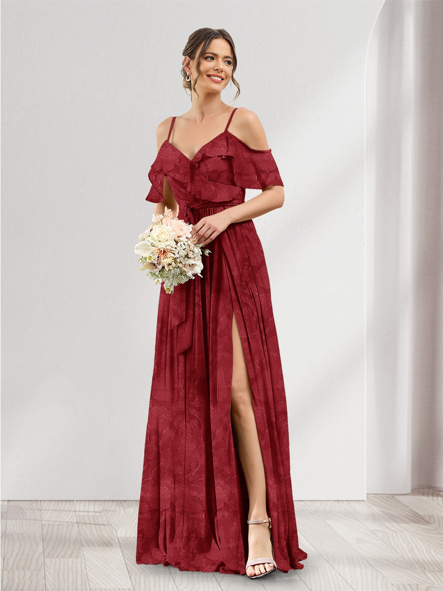 A-Line V-Neck Spaghetti Straps Floral Bridesmaid Dresses with Pockets Light Burgundy