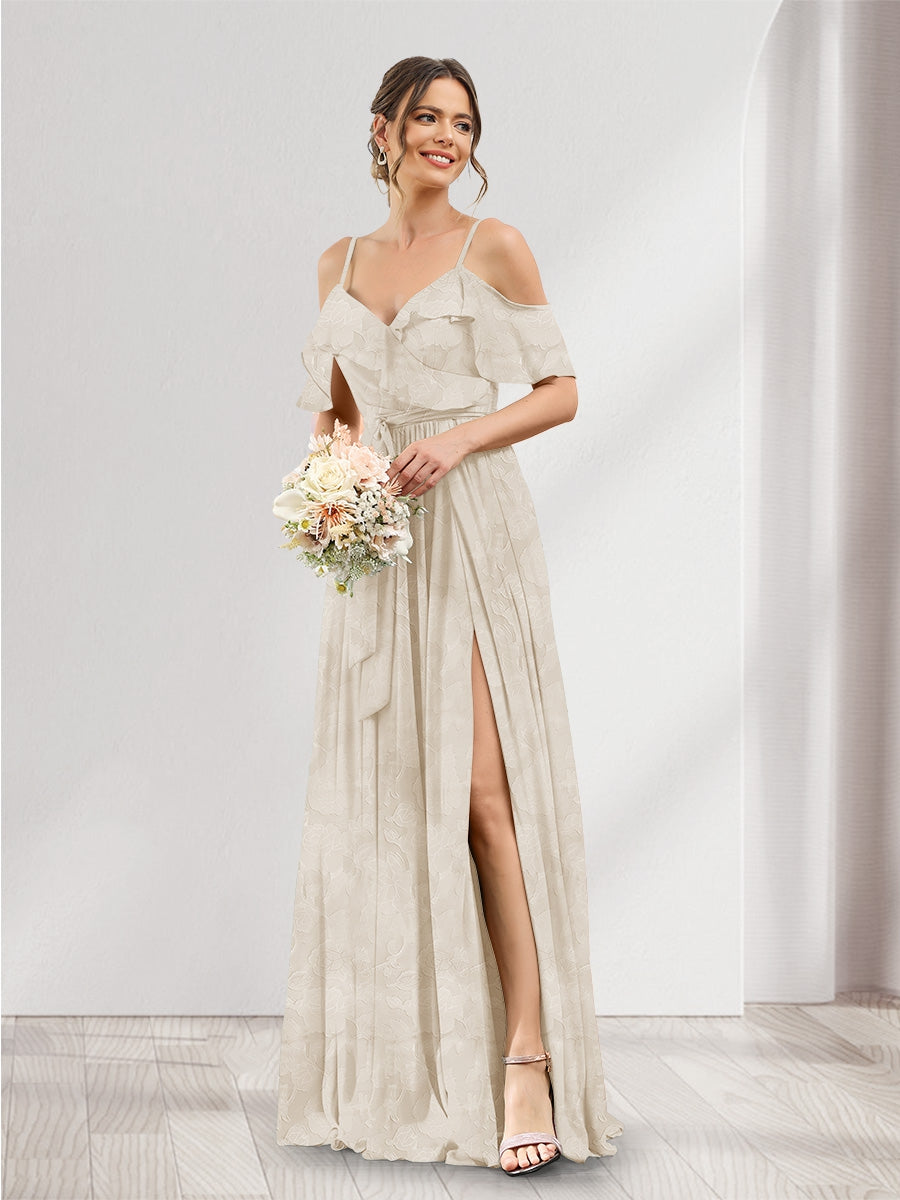 A-Line V-Neck Spaghetti Straps Floral Bridesmaid Dresses with Pockets Light Champagne