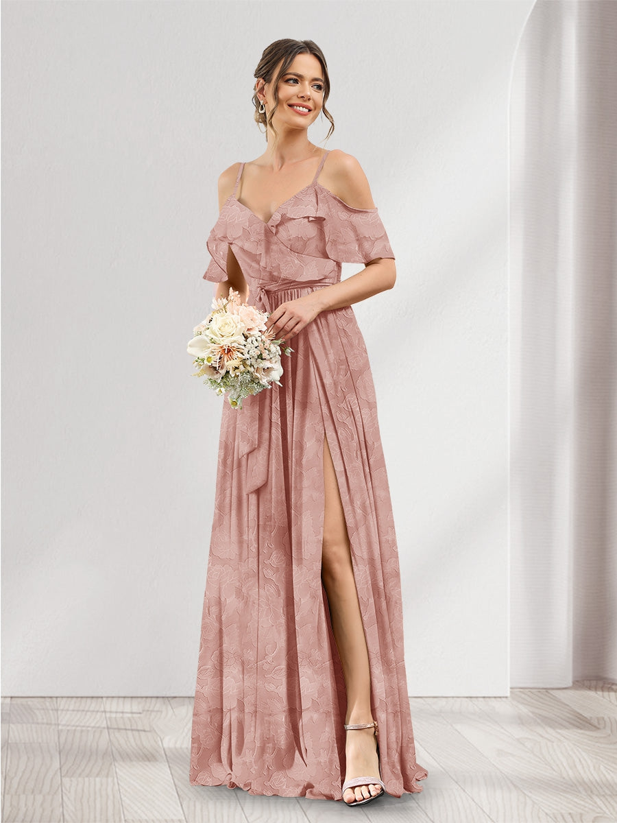 A-Line V-Neck Spaghetti Straps Floral Bridesmaid Dresses with Pockets Mauve