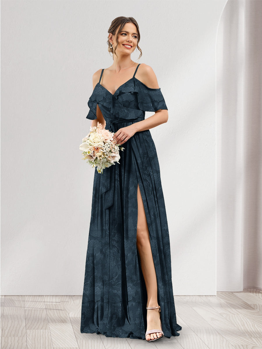 A-Line V-Neck Spaghetti Straps Floral Bridesmaid Dresses with Pockets Navy Blue