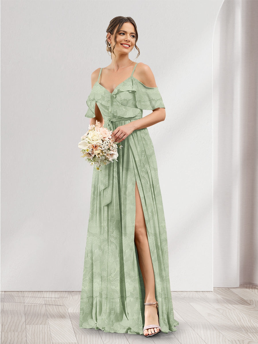 A-Line V-Neck Spaghetti Straps Floral Bridesmaid Dresses with Pockets Sage