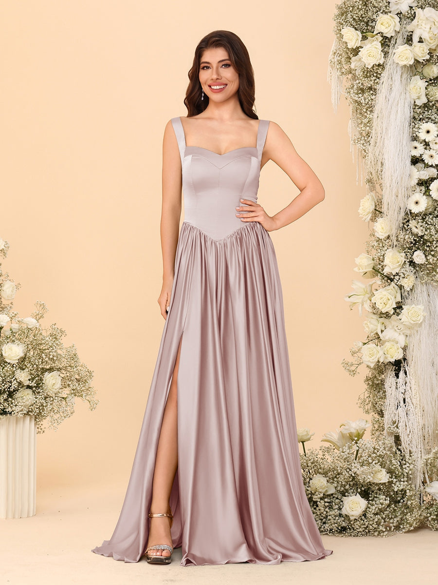 A-Line/Princess V-Neck Sleeveless Long Bridesmaid Dresses with Side Slit & Pleats Dusty Pink