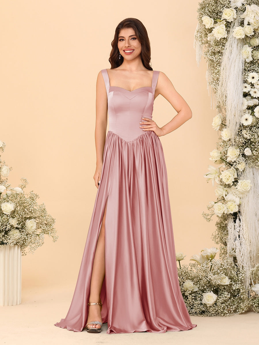 A-Line/Princess V-Neck Sleeveless Long Bridesmaid Dresses with Side Slit & Pleats Dusty Rose