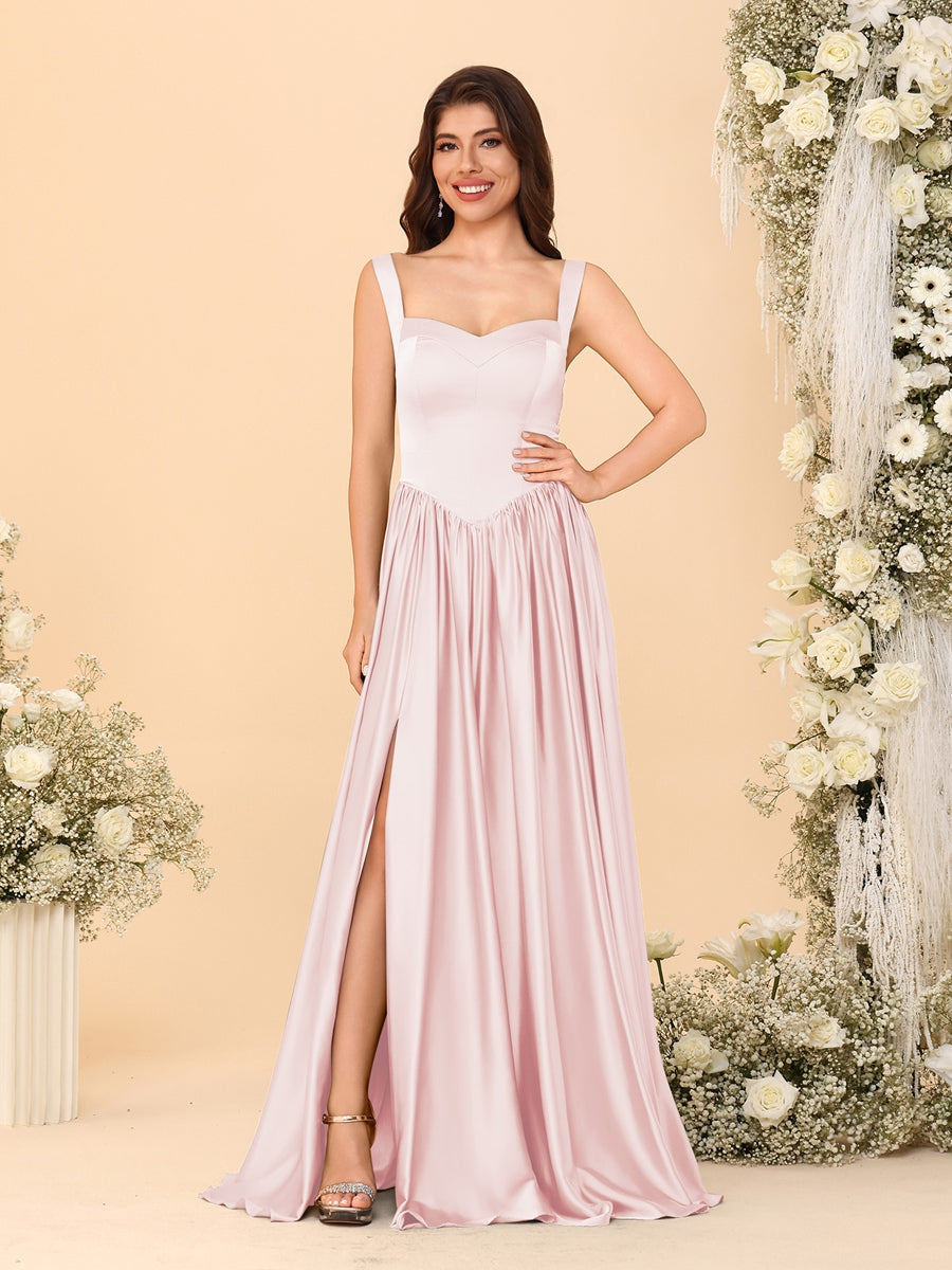 A-Line/Princess V-Neck Sleeveless Long Bridesmaid Dresses with Side Slit & Pleats Light Pink