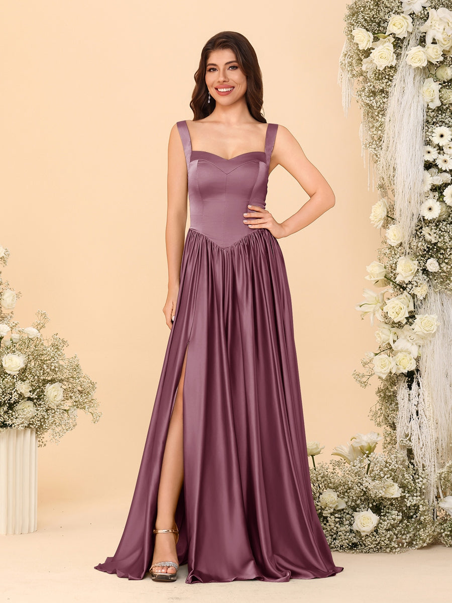 A-Line/Princess V-Neck Sleeveless Long Bridesmaid Dresses with Side Slit & Pleats Mulberry