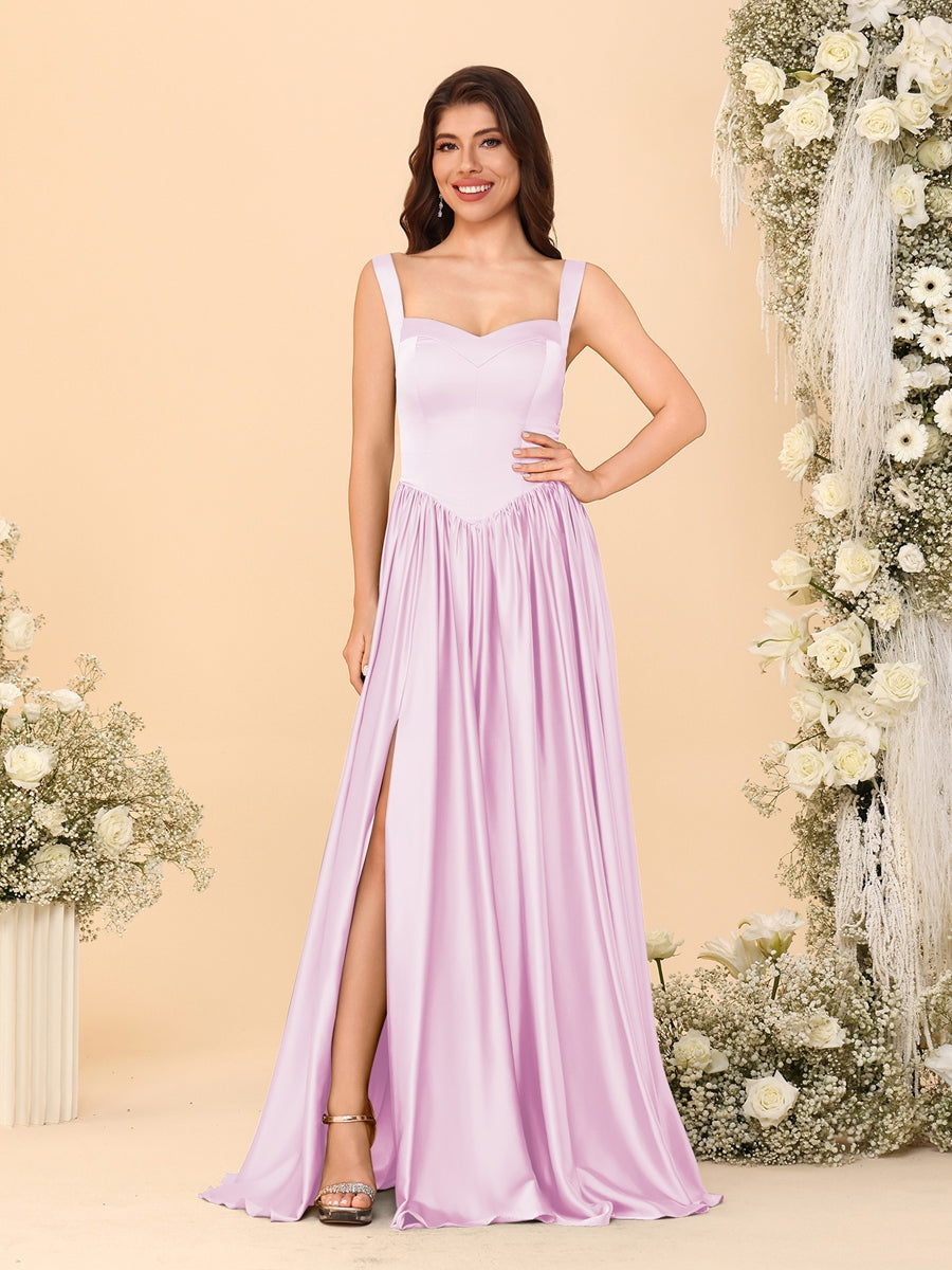 A-Line/Princess V-Neck Sleeveless Long Bridesmaid Dresses with Side Slit & Pleats Pink