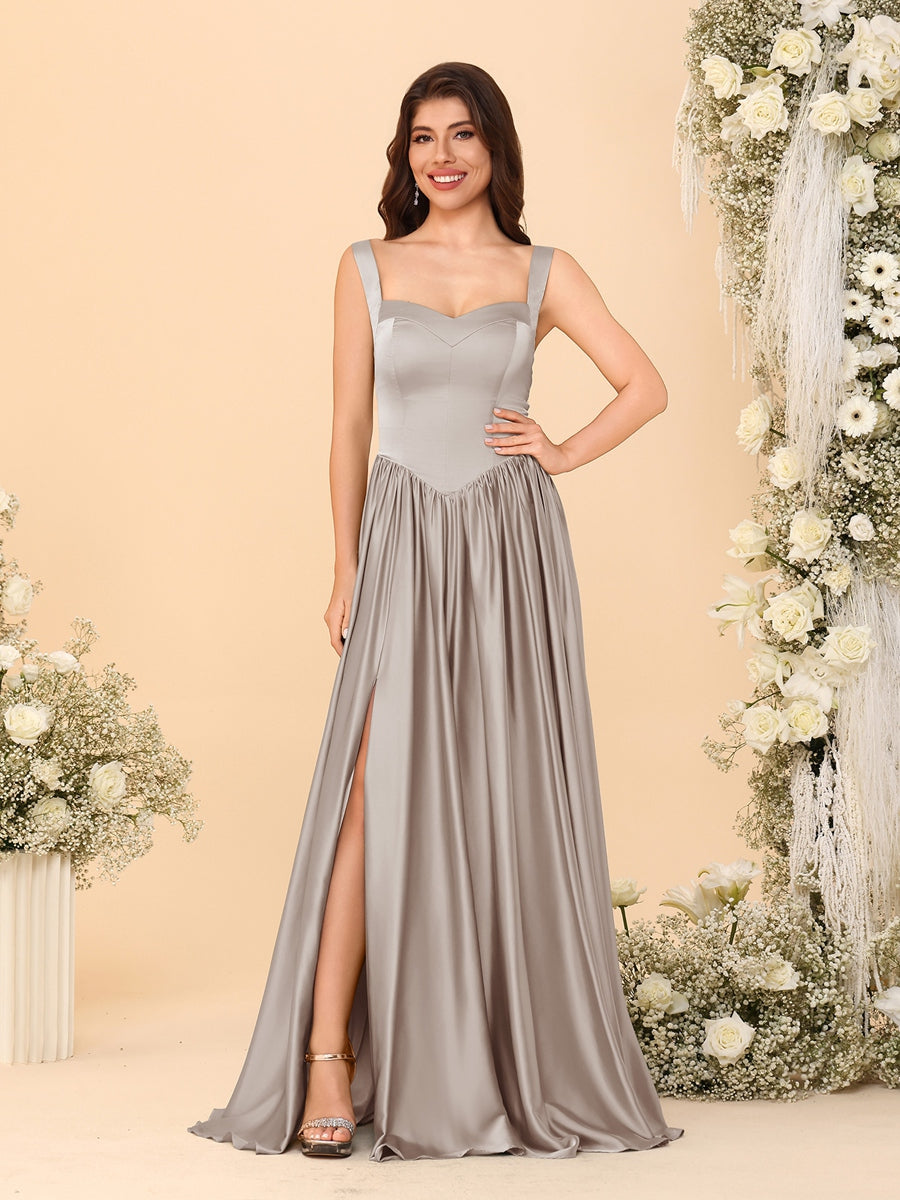 A-Line/Princess V-Neck Sleeveless Long Bridesmaid Dresses with Side Slit & Pleats Taupe