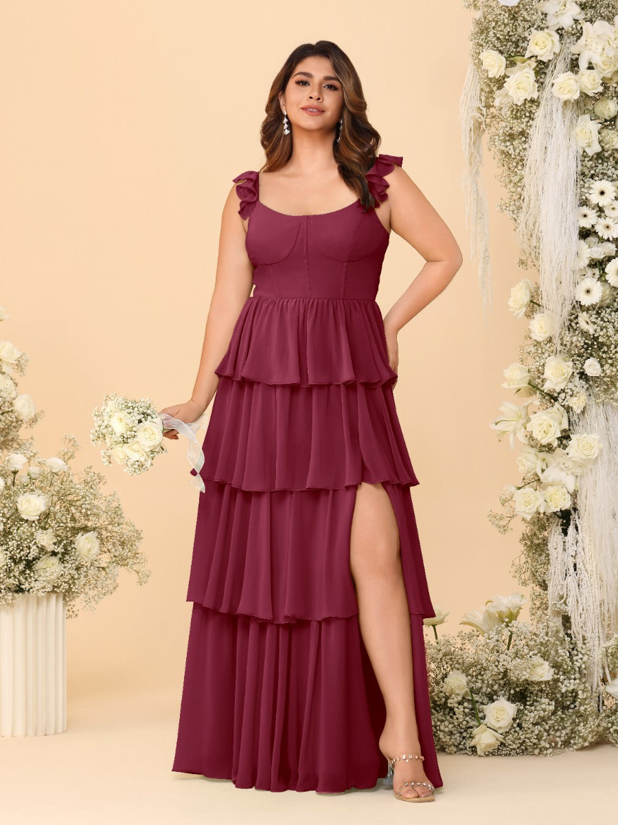 A-Line/Princess Scoop Sleeveless Floor-Length Bridesmaid Dresses With Ruffles & Side Slit Light Burgundy
