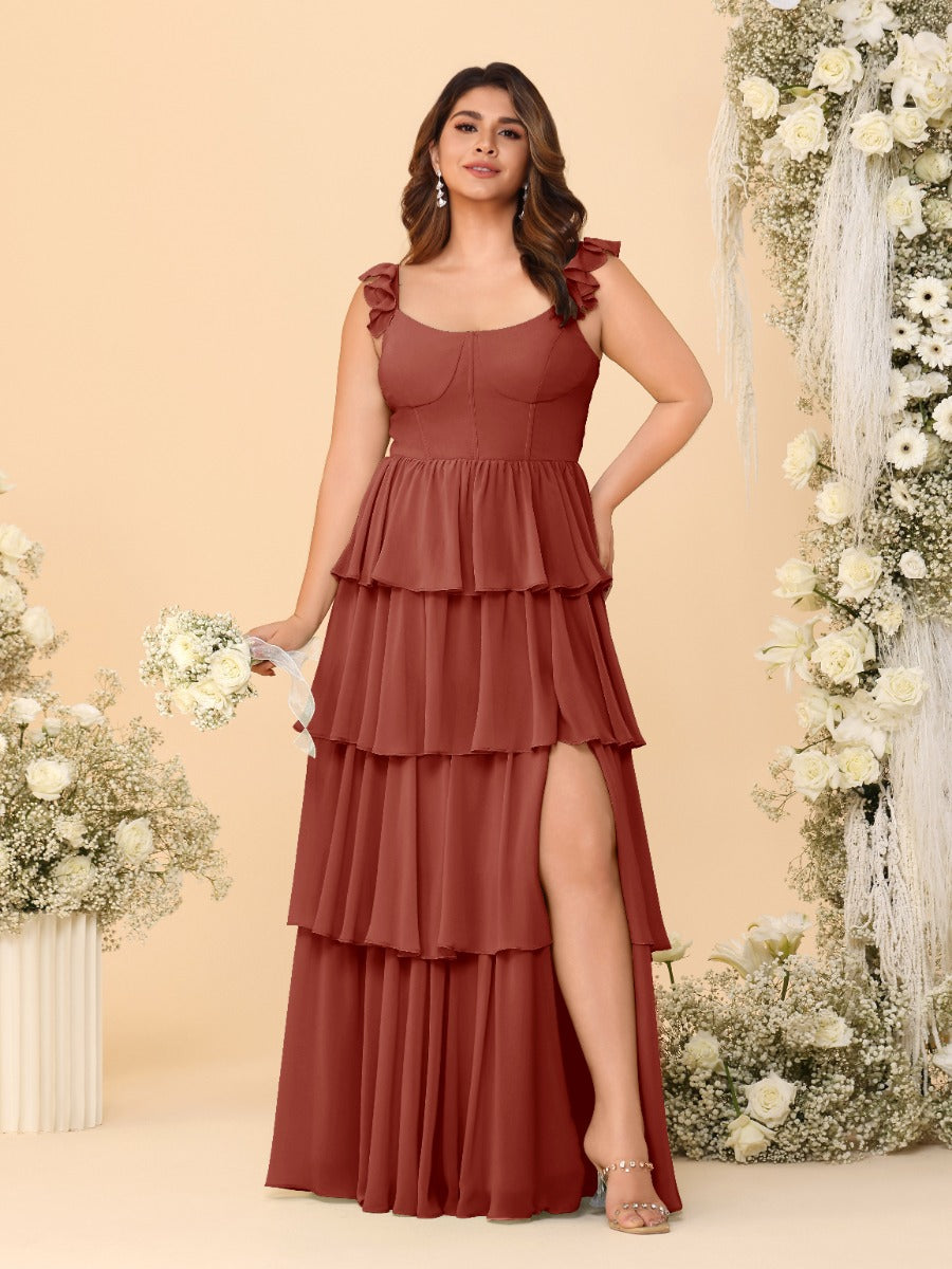 A-Line/Princess Scoop Sleeveless Floor-Length Bridesmaid Dresses With Ruffles & Side Slit Rust