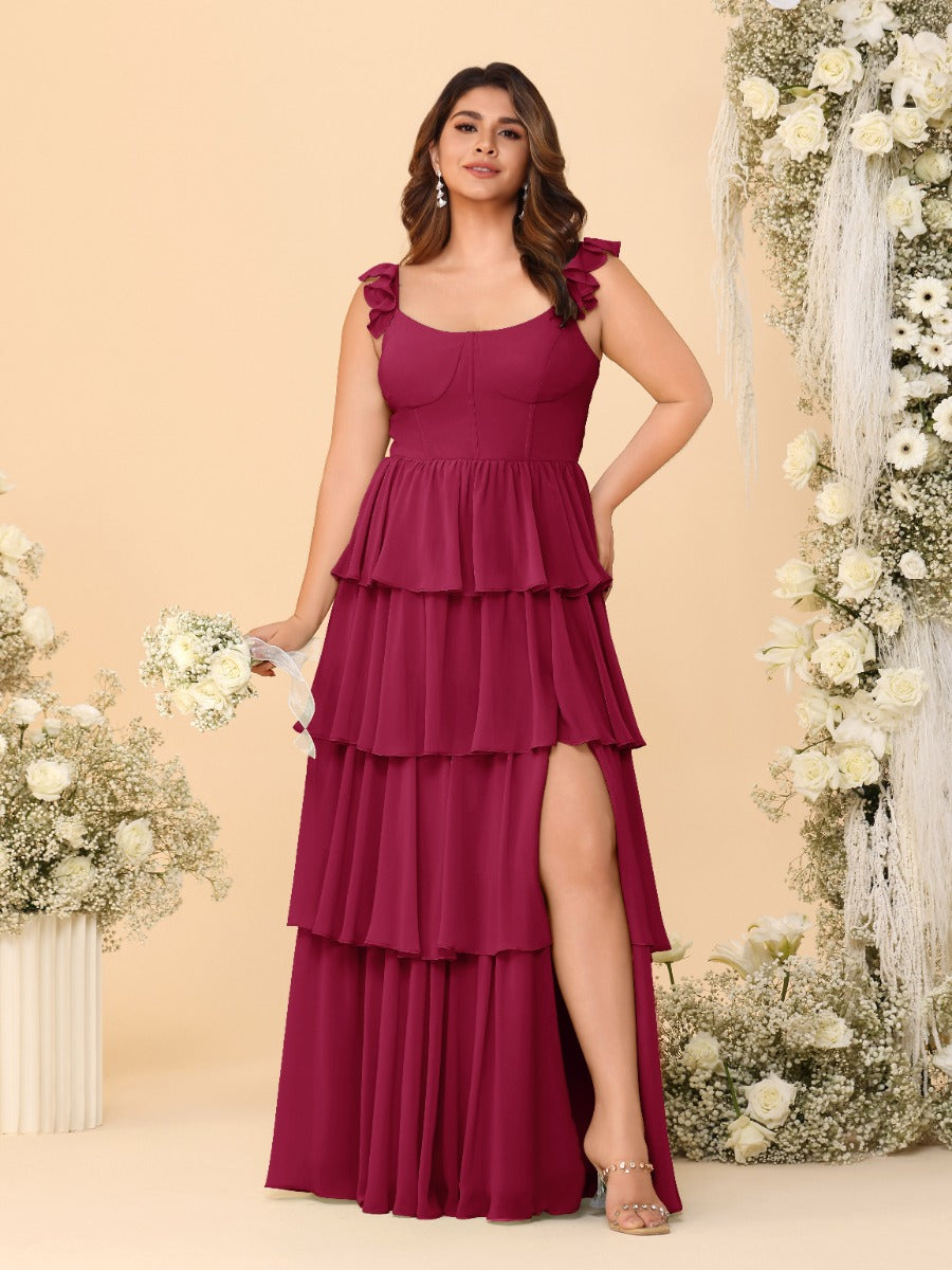 A-Line/Princess Scoop Sleeveless Floor-Length Bridesmaid Dresses With Ruffles & Side Slit Wine Red