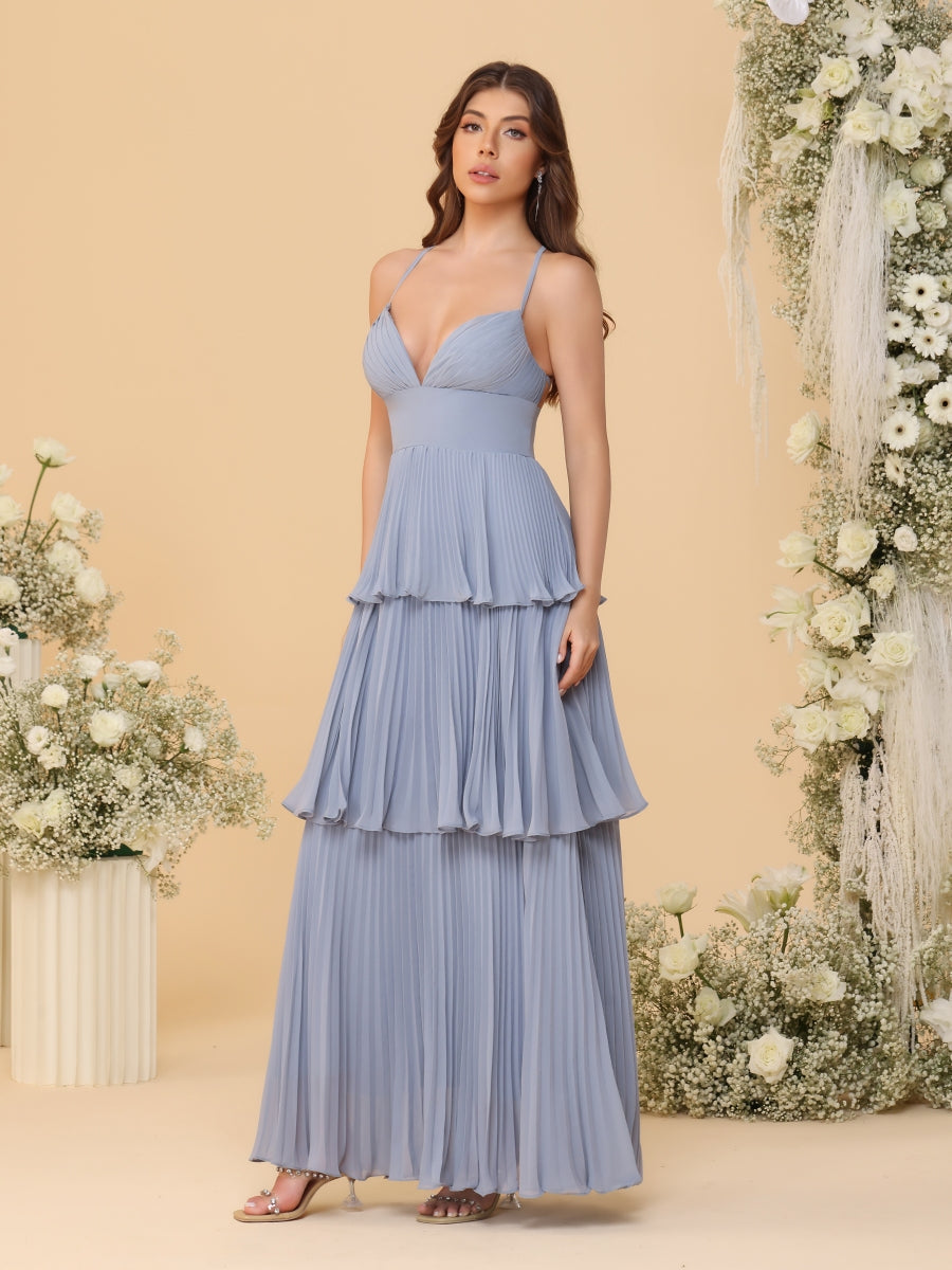 A-Line/Princess Spaghetti Straps Sleeveless Floor-Length Tiered Bridesmaid Dresses With Pleats