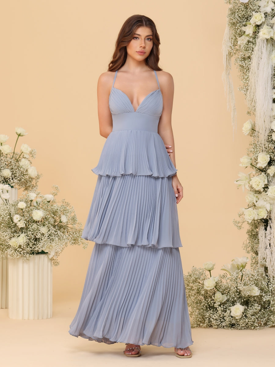A-Line/Princess Spaghetti Straps Sleeveless Floor-Length Tiered Bridesmaid Dresses With Pleats