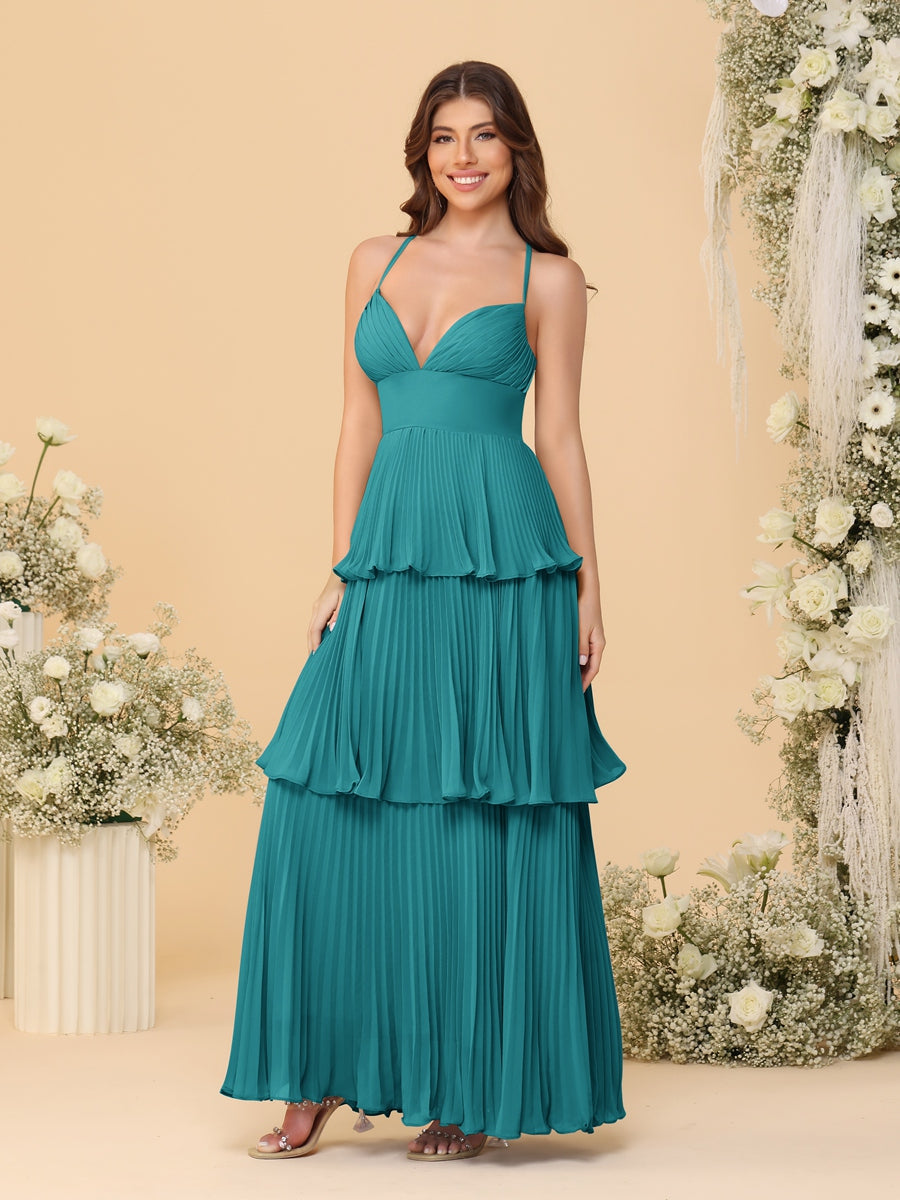 A-Line/Princess Spaghetti Straps Sleeveless Floor-Length Tiered Bridesmaid Dresses With Pleats Aqua Blue