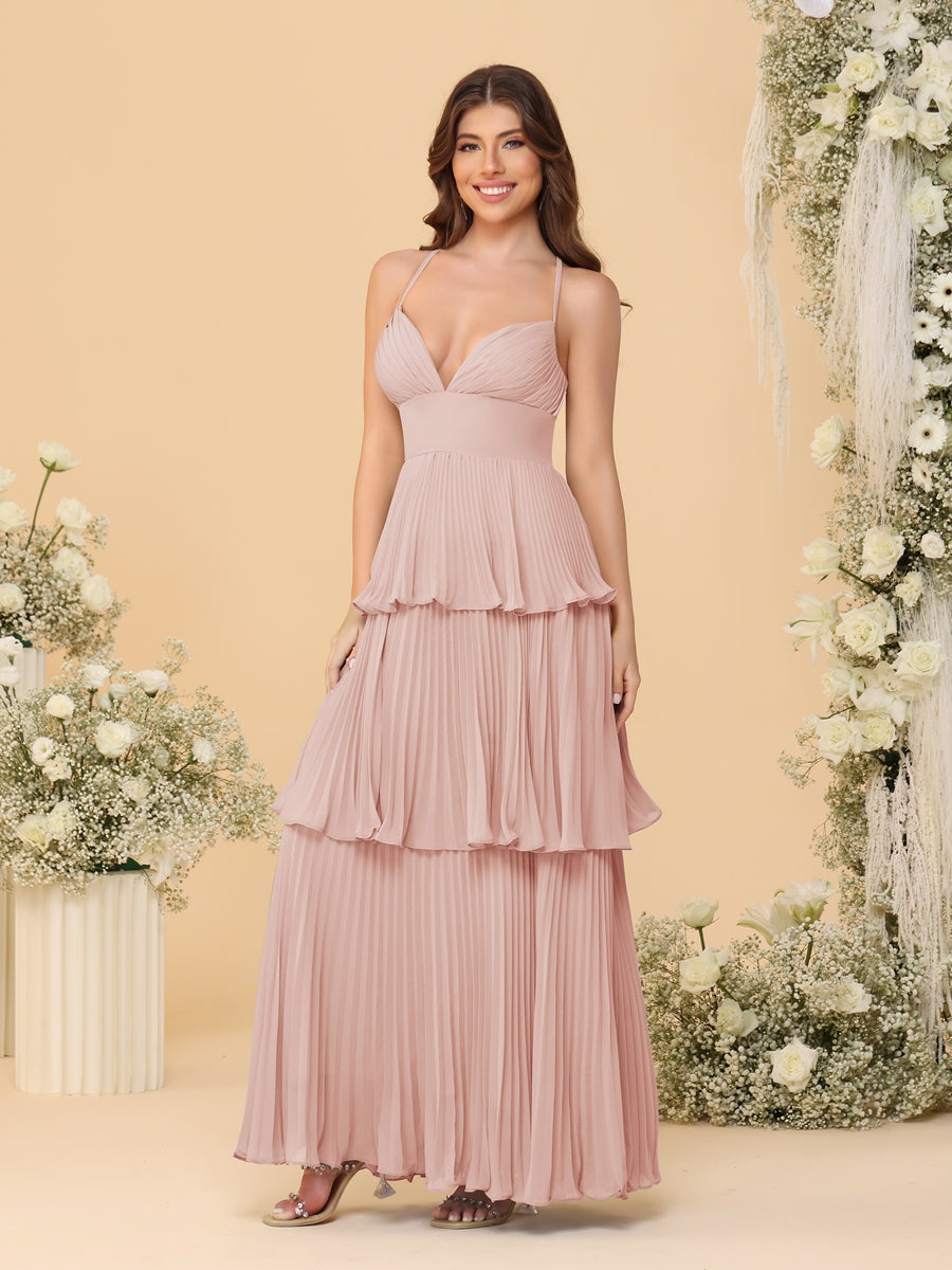 A-Line/Princess Spaghetti Straps Sleeveless Floor-Length Tiered Bridesmaid Dresses With Pleats Blush Pink