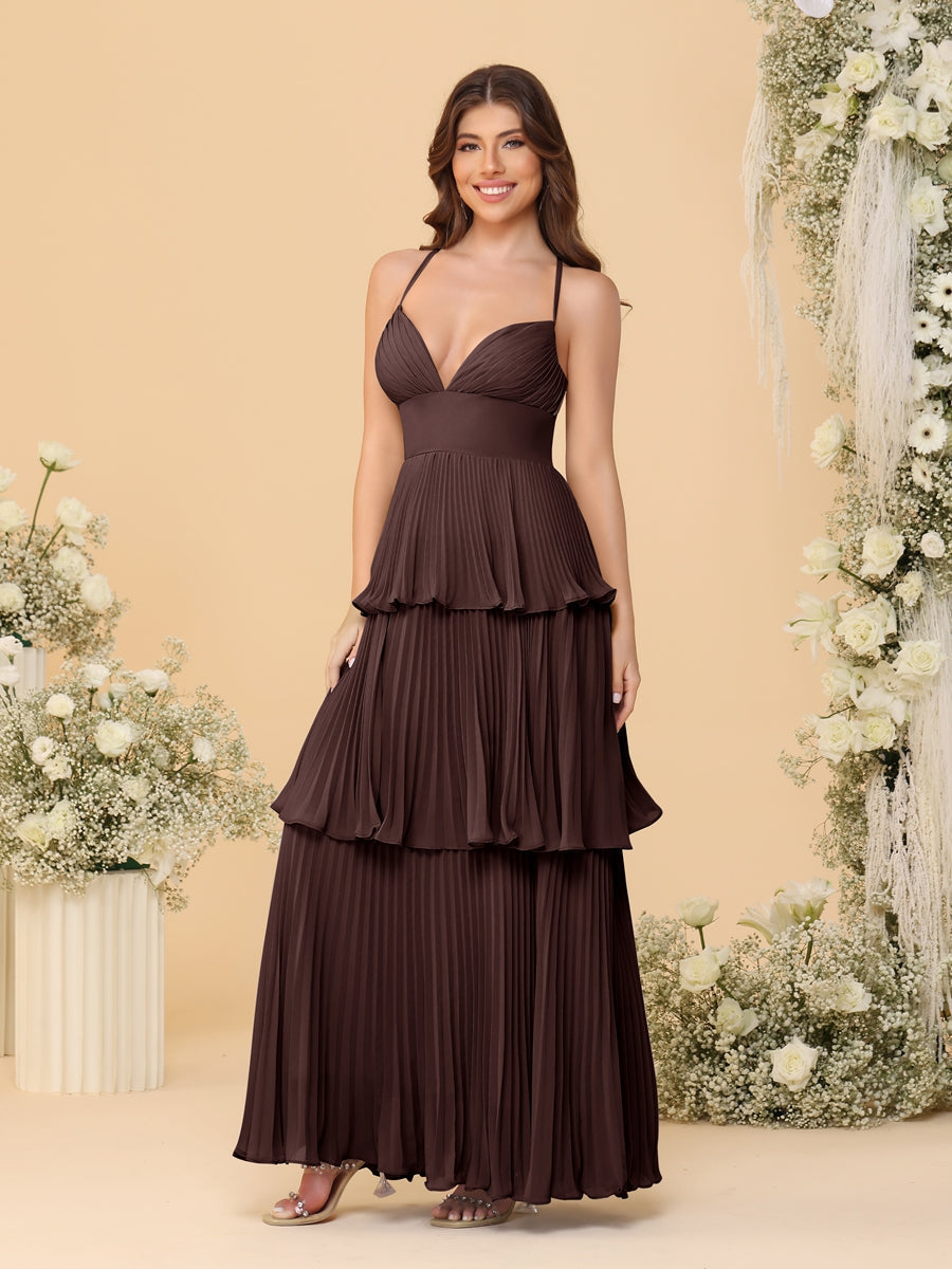 A-Line/Princess Spaghetti Straps Sleeveless Floor-Length Tiered Bridesmaid Dresses With Pleats Brown