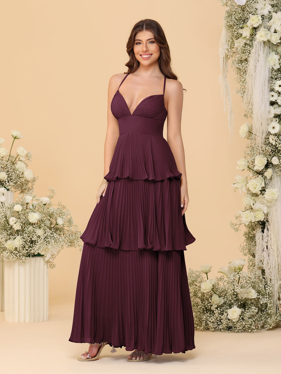 A-Line/Princess Spaghetti Straps Sleeveless Floor-Length Tiered Bridesmaid Dresses With Pleats Burgundy