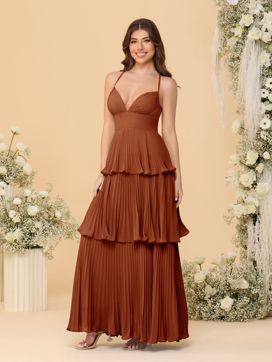 A-Line/Princess Spaghetti Straps Sleeveless Floor-Length Tiered Bridesmaid Dresses With Pleats Burnt Orange