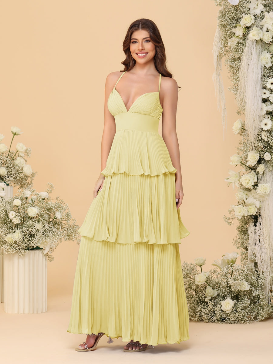 A-Line/Princess Spaghetti Straps Sleeveless Floor-Length Tiered Bridesmaid Dresses With Pleats Canary