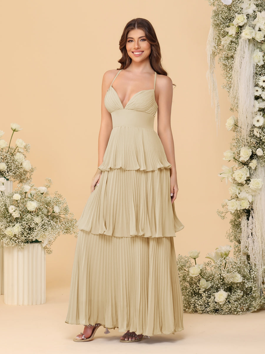 A-Line/Princess Spaghetti Straps Sleeveless Floor-Length Tiered Bridesmaid Dresses With Pleats Champagne