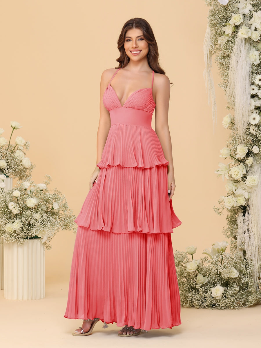 A-Line/Princess Spaghetti Straps Sleeveless Floor-Length Tiered Bridesmaid Dresses With Pleats Coral