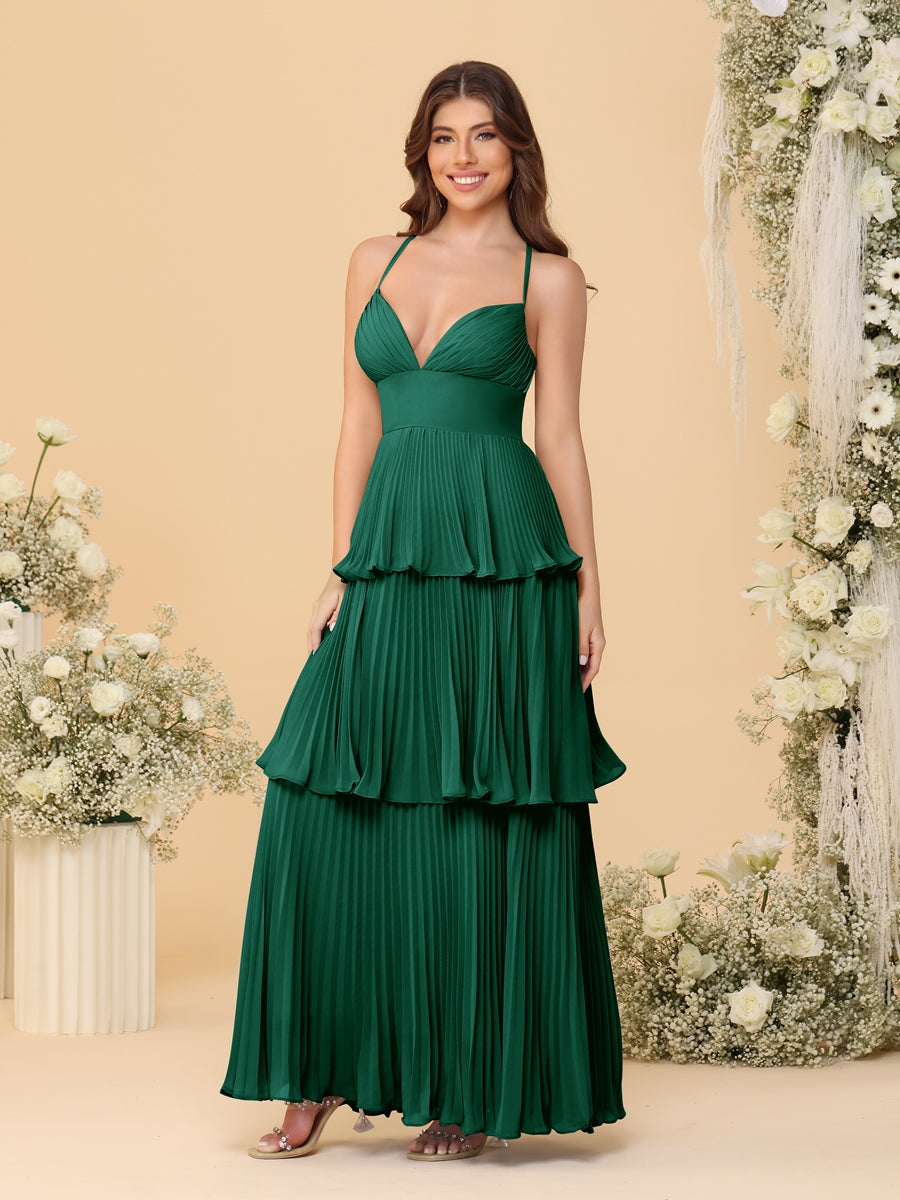 A-Line/Princess Spaghetti Straps Sleeveless Floor-Length Tiered Bridesmaid Dresses With Pleats Dark Green