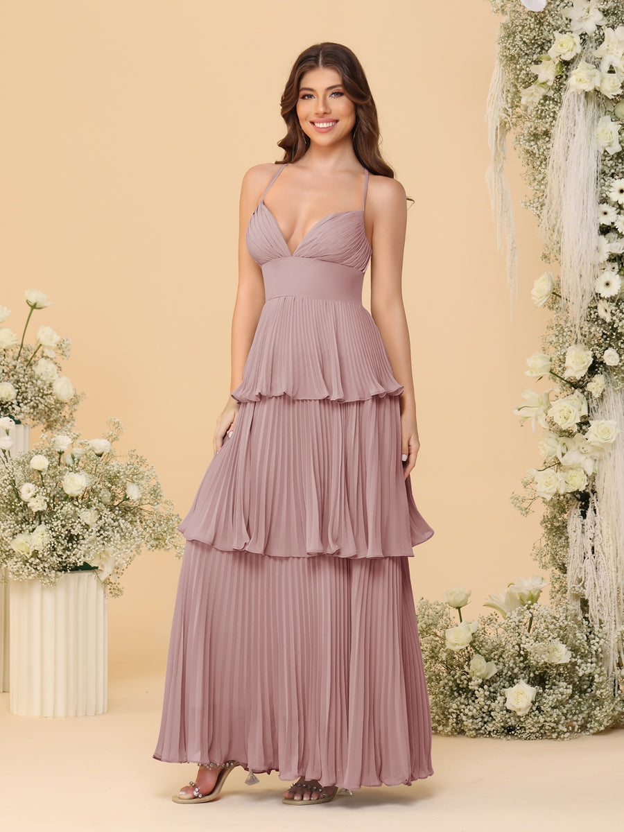 A-Line/Princess Spaghetti Straps Sleeveless Floor-Length Tiered Bridesmaid Dresses With Pleats Dusty Pink