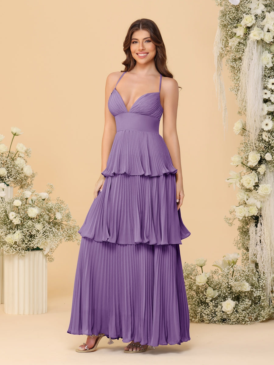 A-Line/Princess Spaghetti Straps Sleeveless Floor-Length Tiered Bridesmaid Dresses With Pleats Dusty Purple