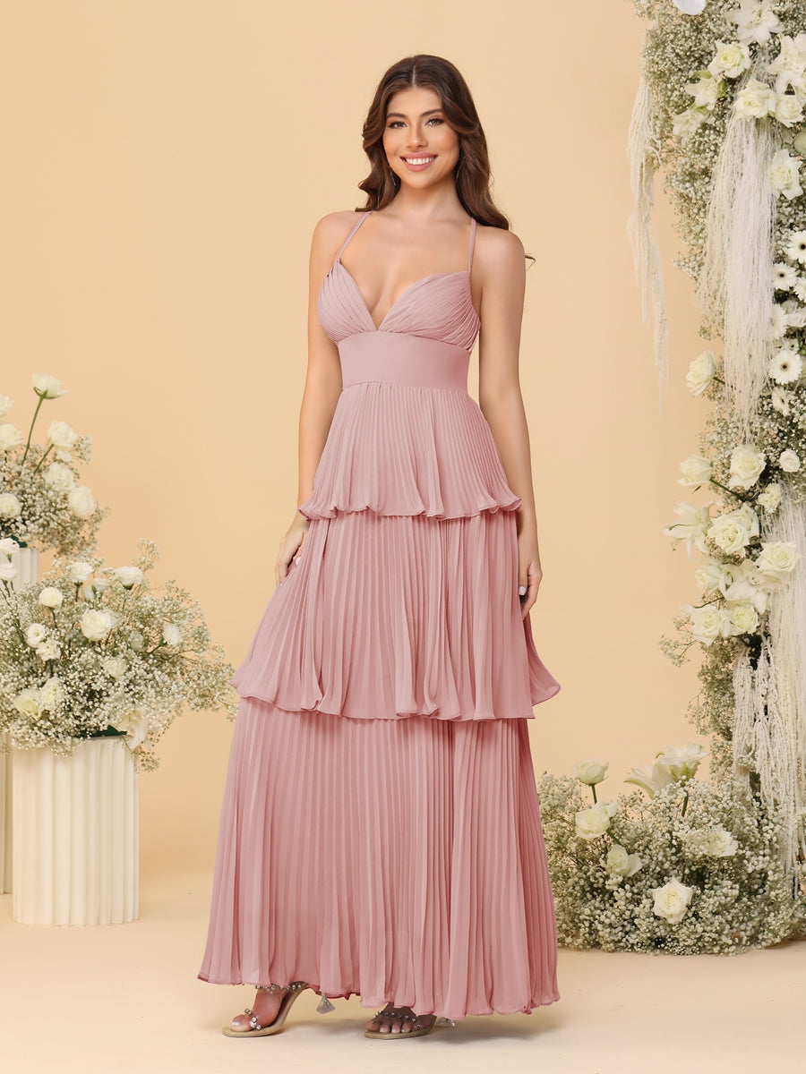 A-Line/Princess Spaghetti Straps Sleeveless Floor-Length Tiered Bridesmaid Dresses With Pleats Dusty Rose