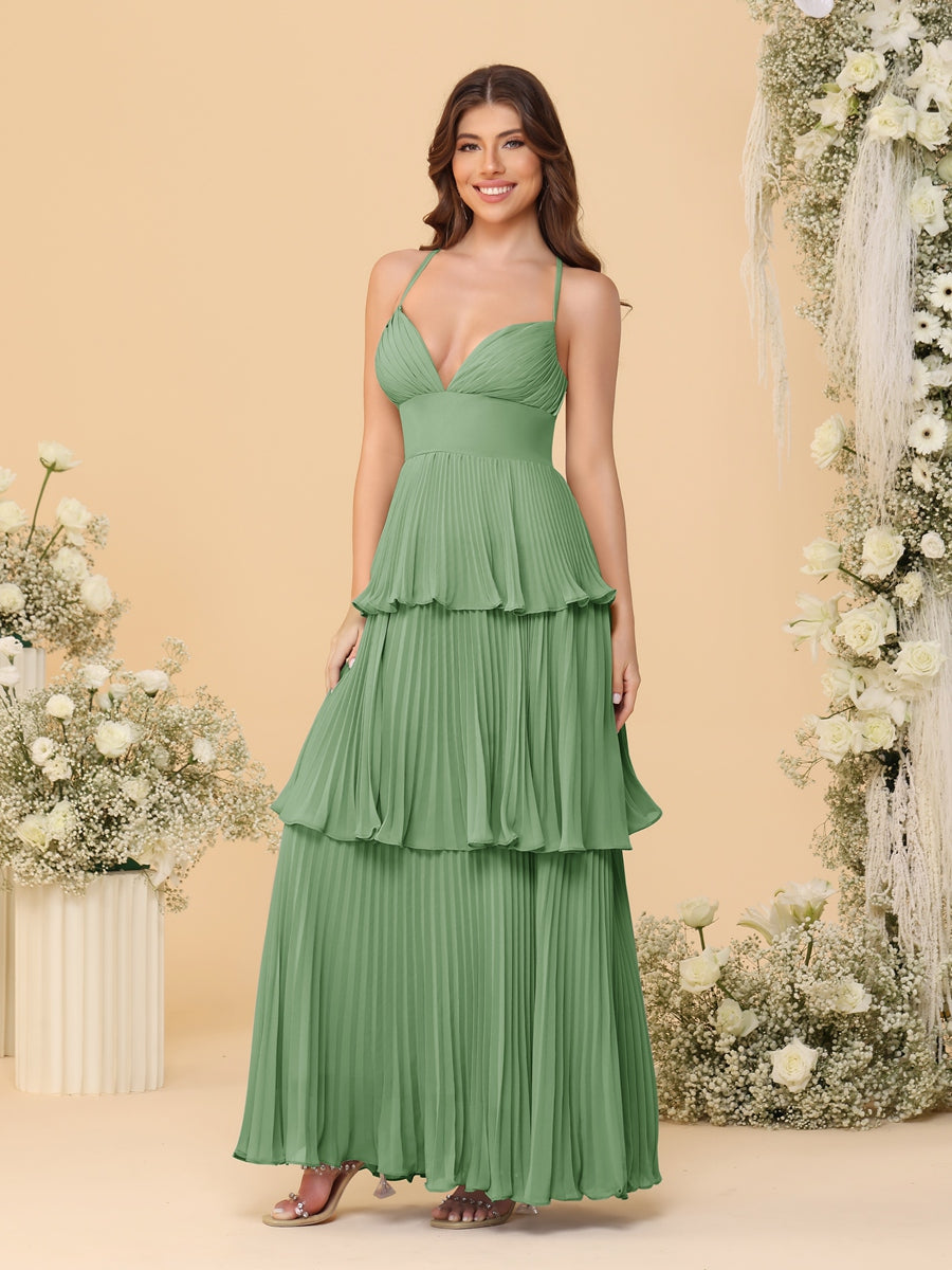 A-Line/Princess Spaghetti Straps Sleeveless Floor-Length Tiered Bridesmaid Dresses With Pleats Dusty Sage
