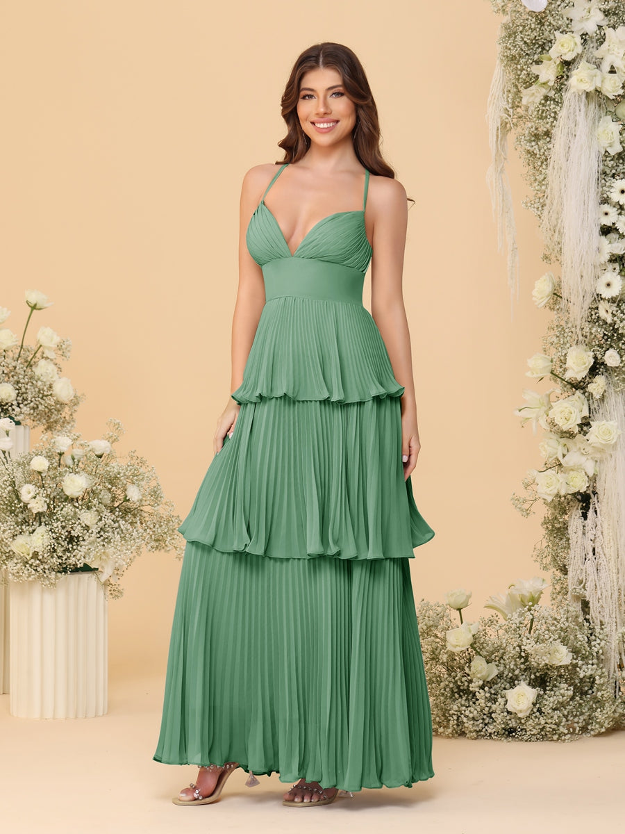 A-Line/Princess Spaghetti Straps Sleeveless Floor-Length Tiered Bridesmaid Dresses With Pleats Eucalyptus