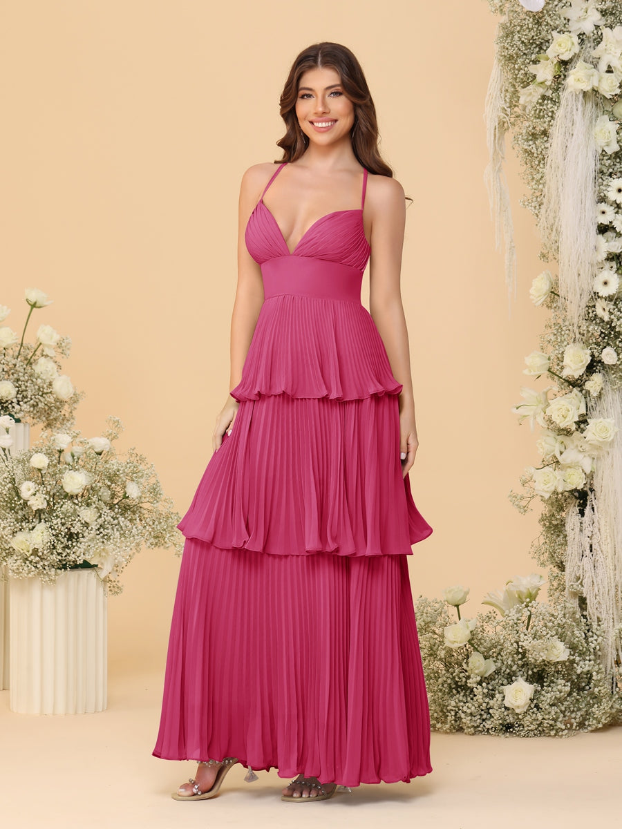 A-Line/Princess Spaghetti Straps Sleeveless Floor-Length Tiered Bridesmaid Dresses With Pleats Fuchsia