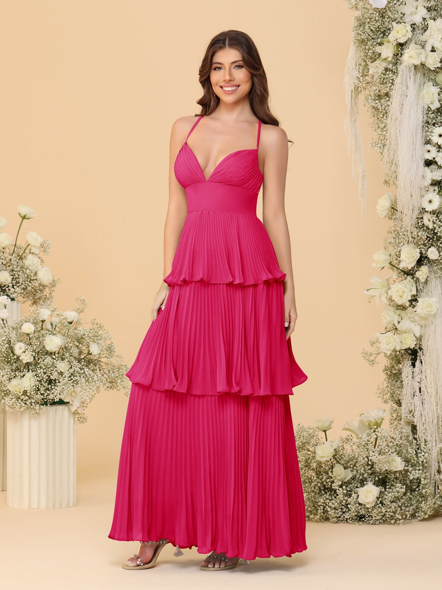 A-Line/Princess Spaghetti Straps Sleeveless Floor-Length Tiered Bridesmaid Dresses With Pleats Fuchsia Pink