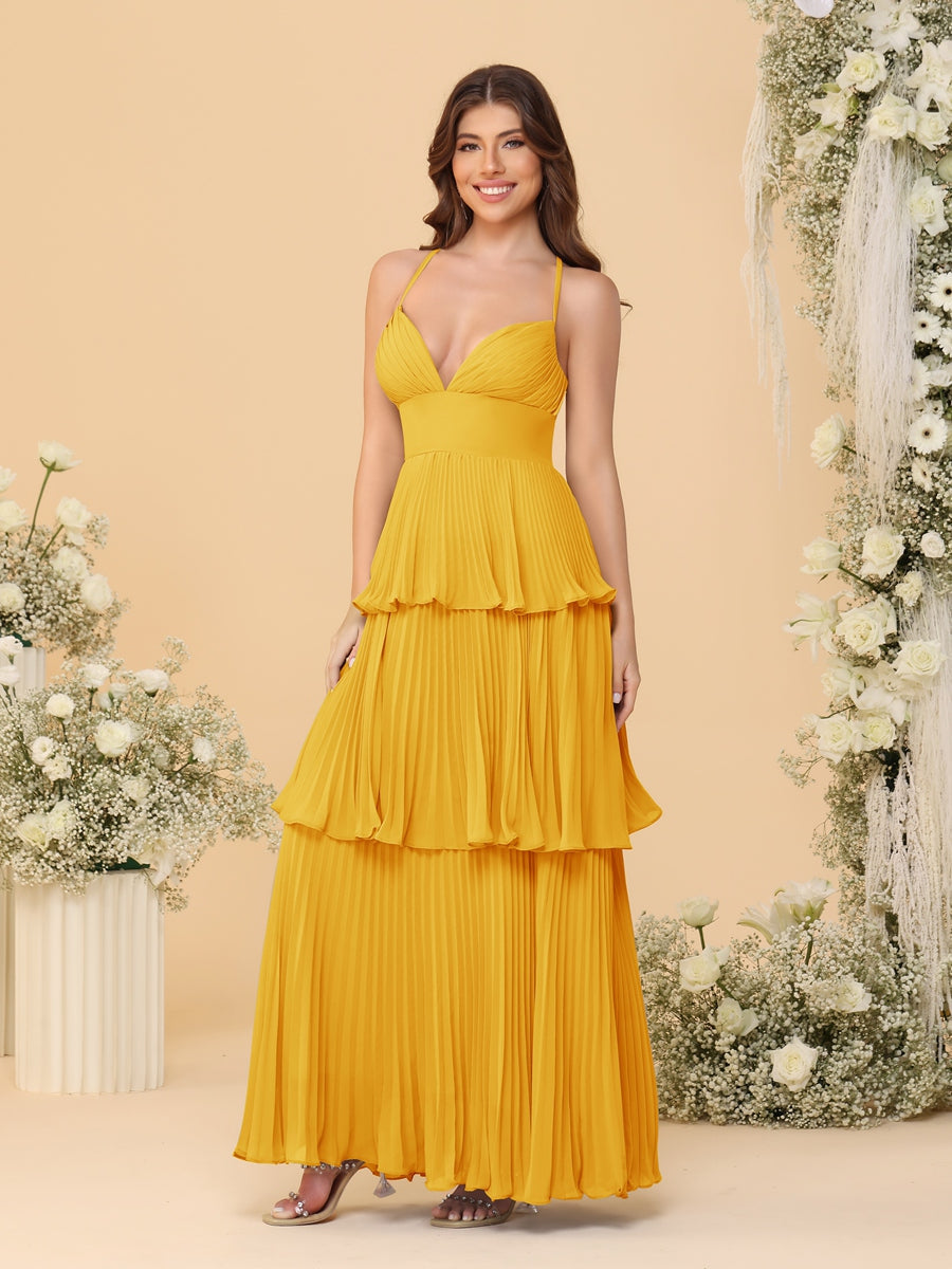 A-Line/Princess Spaghetti Straps Sleeveless Floor-Length Tiered Bridesmaid Dresses With Pleats Gold