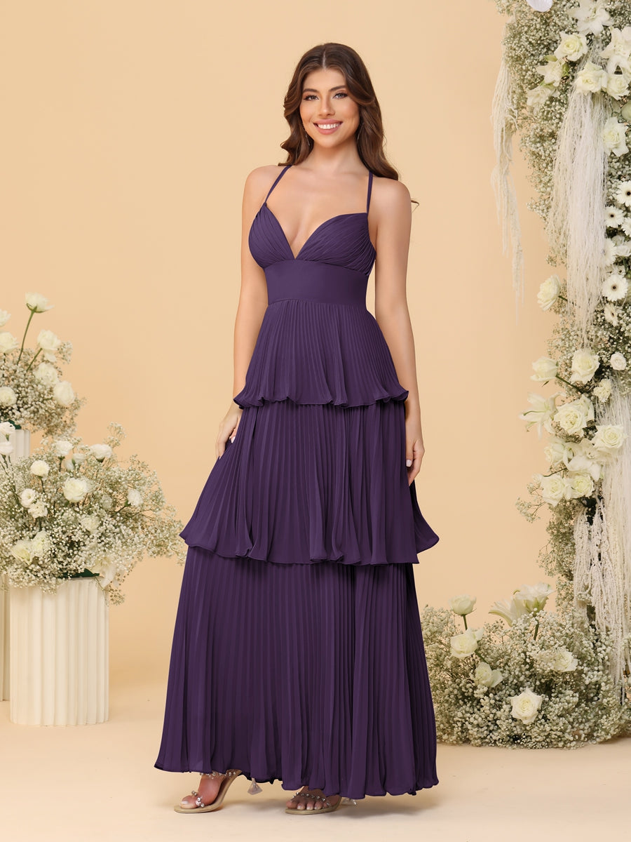 A-Line/Princess Spaghetti Straps Sleeveless Floor-Length Tiered Bridesmaid Dresses With Pleats Grape
