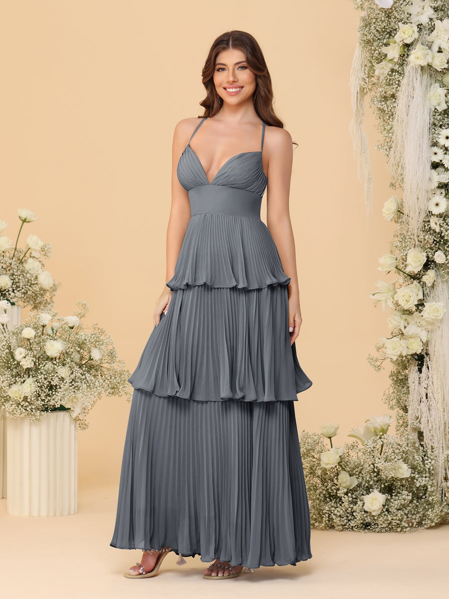 A-Line/Princess Spaghetti Straps Sleeveless Floor-Length Tiered Bridesmaid Dresses With Pleats Gray