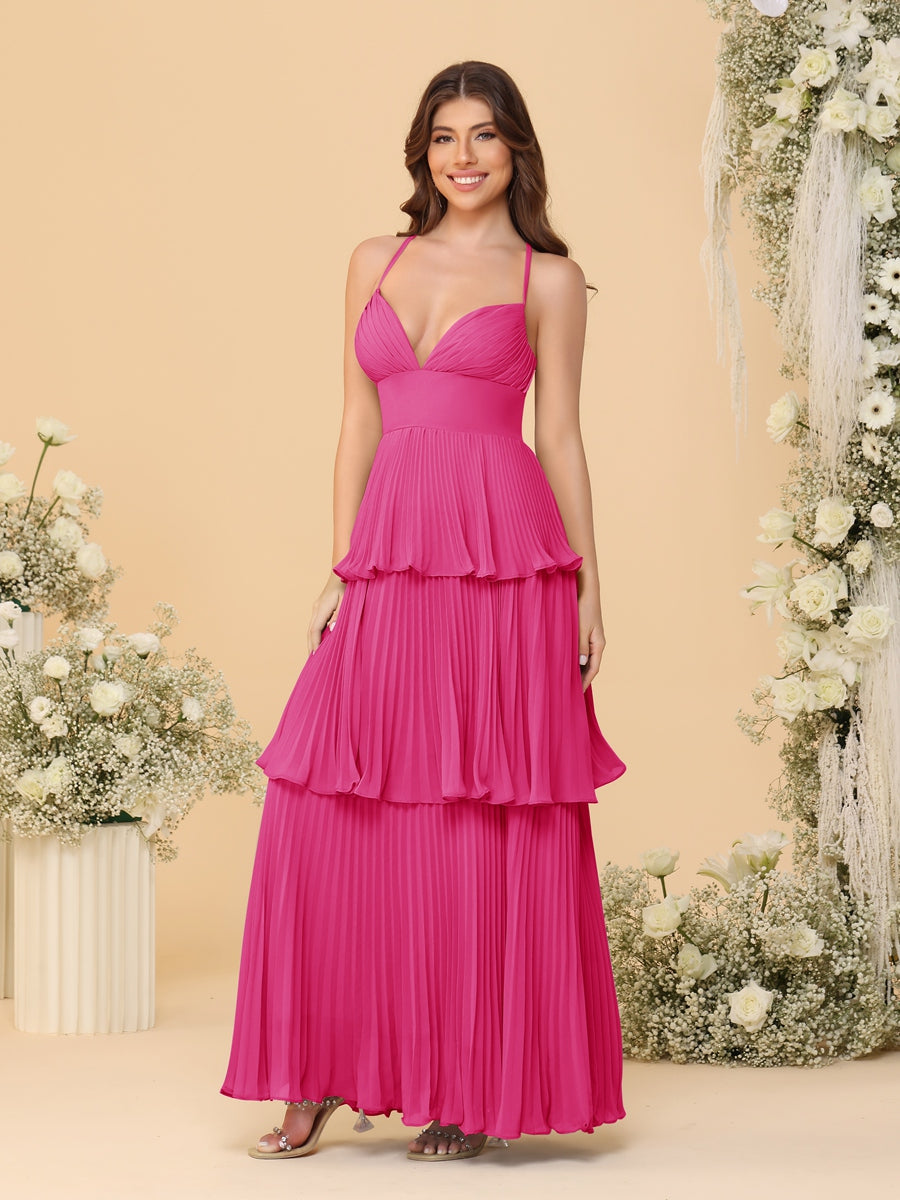 A-Line/Princess Spaghetti Straps Sleeveless Floor-Length Tiered Bridesmaid Dresses With Pleats Hot Pink
