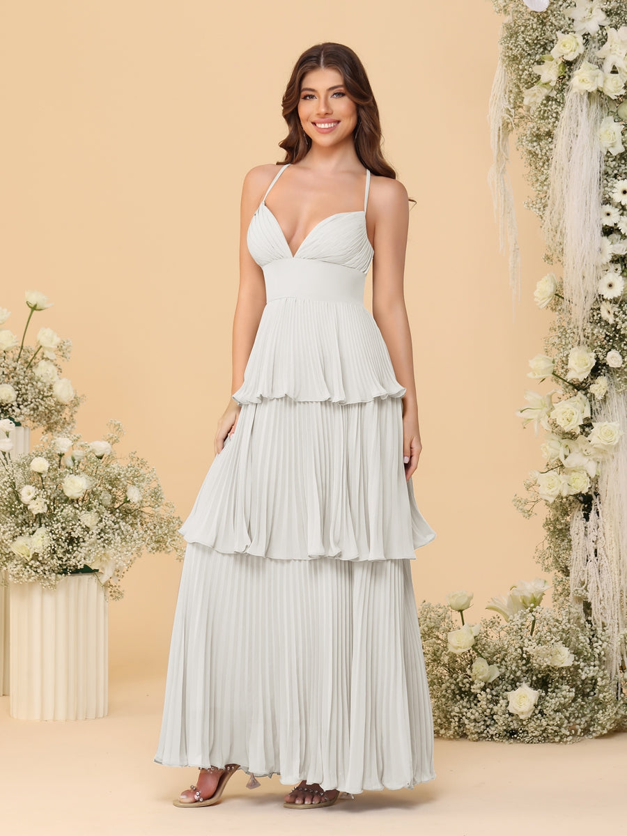 A-Line/Princess Spaghetti Straps Sleeveless Floor-Length Tiered Bridesmaid Dresses With Pleats Ivory