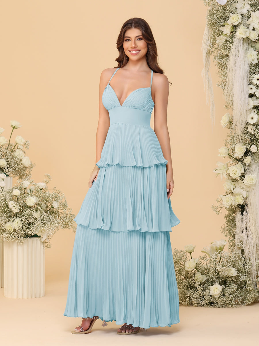 A-Line/Princess Spaghetti Straps Sleeveless Floor-Length Tiered Bridesmaid Dresses With Pleats Light Blue