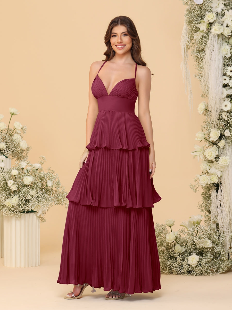 A-Line/Princess Spaghetti Straps Sleeveless Floor-Length Tiered Bridesmaid Dresses With Pleats Light Burgundy