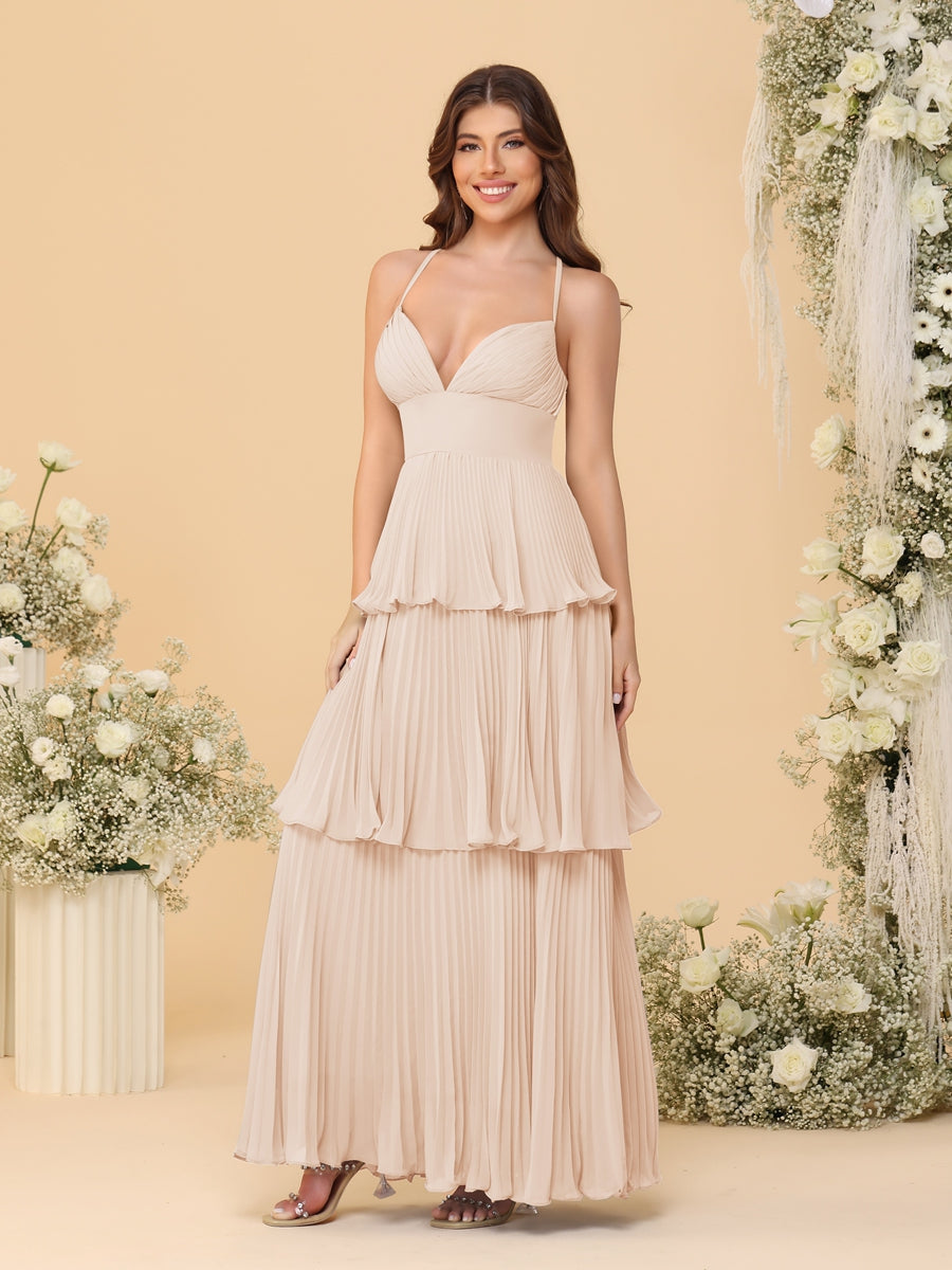 A-Line/Princess Spaghetti Straps Sleeveless Floor-Length Tiered Bridesmaid Dresses With Pleats Light Champagne
