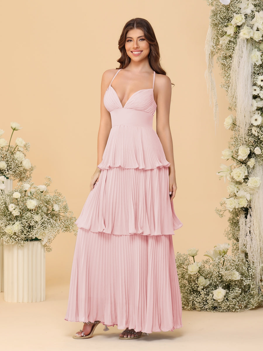 A-Line/Princess Spaghetti Straps Sleeveless Floor-Length Tiered Bridesmaid Dresses With Pleats Light Pink