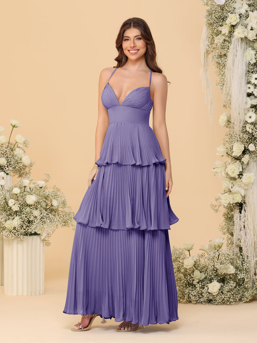 A-Line/Princess Spaghetti Straps Sleeveless Floor-Length Tiered Bridesmaid Dresses With Pleats Light Purple