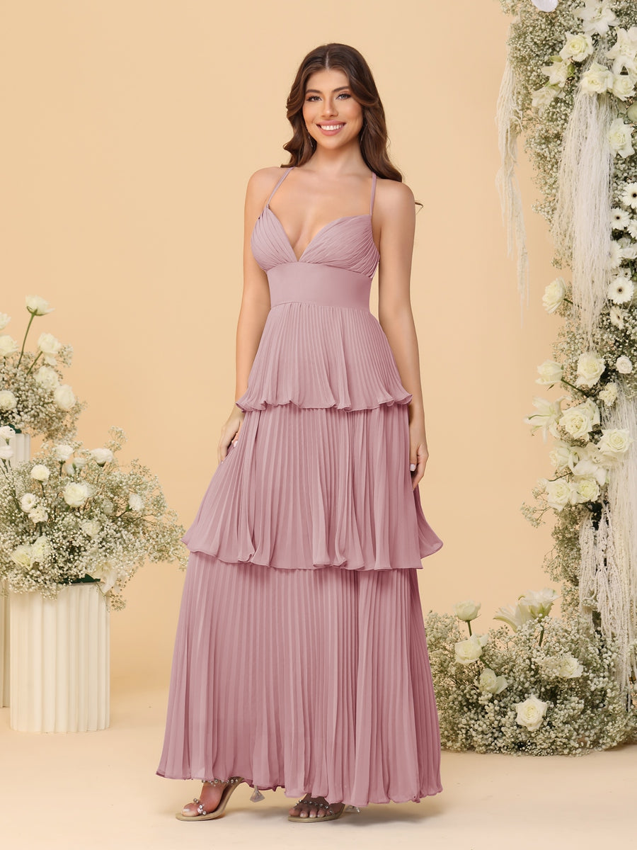 A-Line/Princess Spaghetti Straps Sleeveless Floor-Length Tiered Bridesmaid Dresses With Pleats Mauve